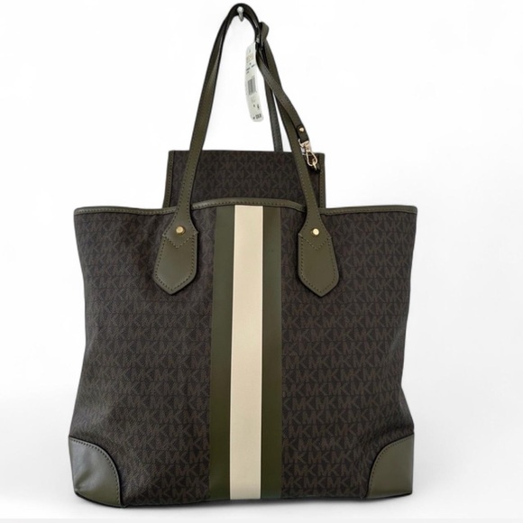 MICHAEL Michael Kors Eva Large Signature Logo Stripe Tote Shoulder Bag Brown - Picture 2 of 16